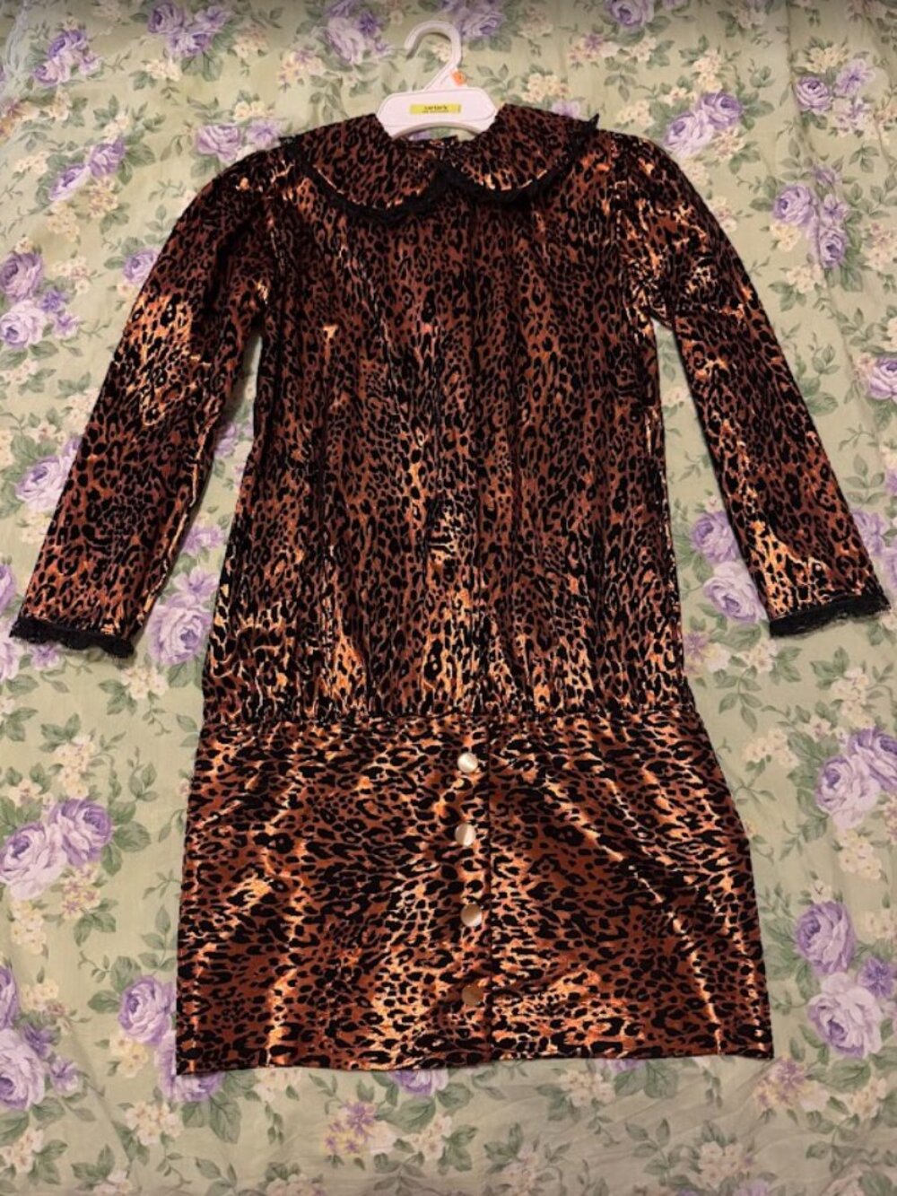Sparkly Shiny Black Lace Details Cheetah Print Girls Dress Kids SZ 14